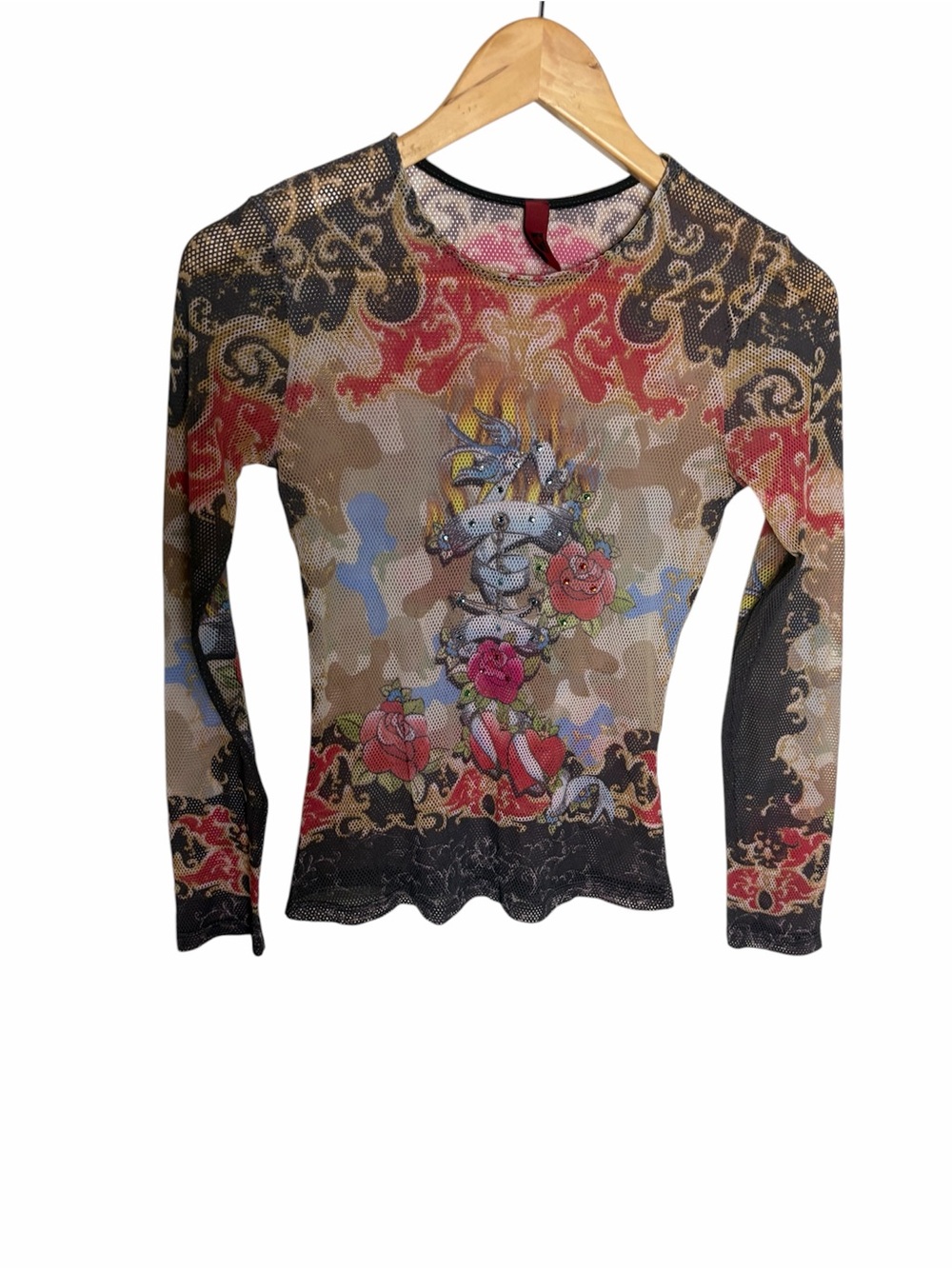 Y2K just in Time tattoo graphic fishnet mesh nylon long sleeve top size L